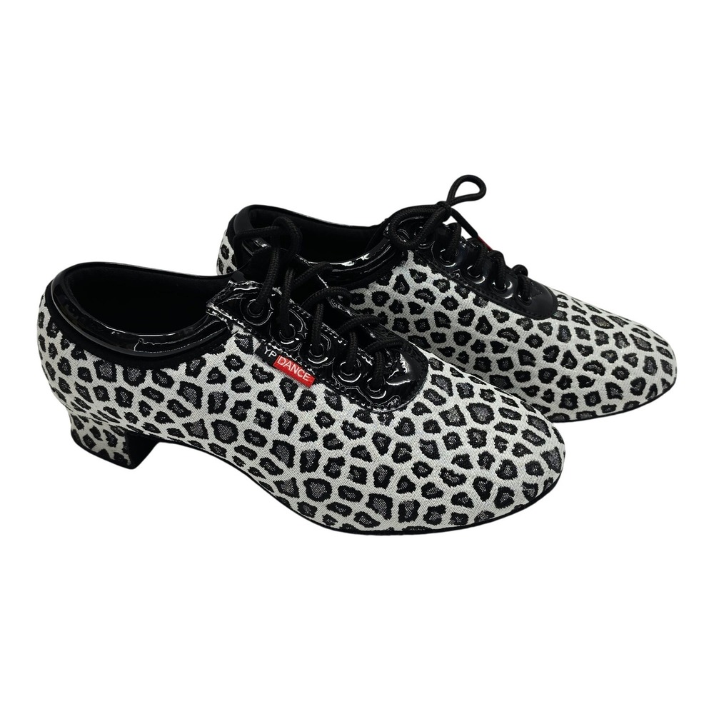 YP Dance Leopard Print Ballroom Dance Shoes Black White Glitter Block Heel 6.5